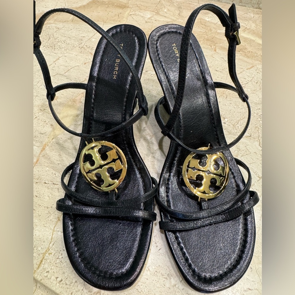 Tory Burch Capri Miller Black Sandals with Gold Medallion 8.5